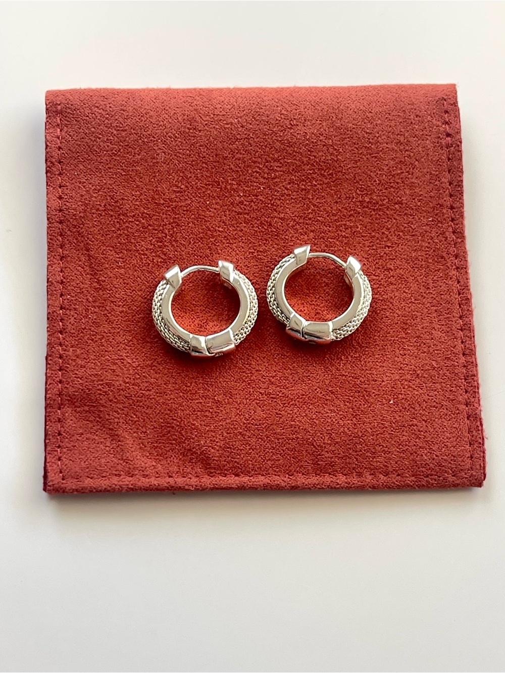 Silver Tone Textured David Yurman-Style Huggie Hoop Earrings
